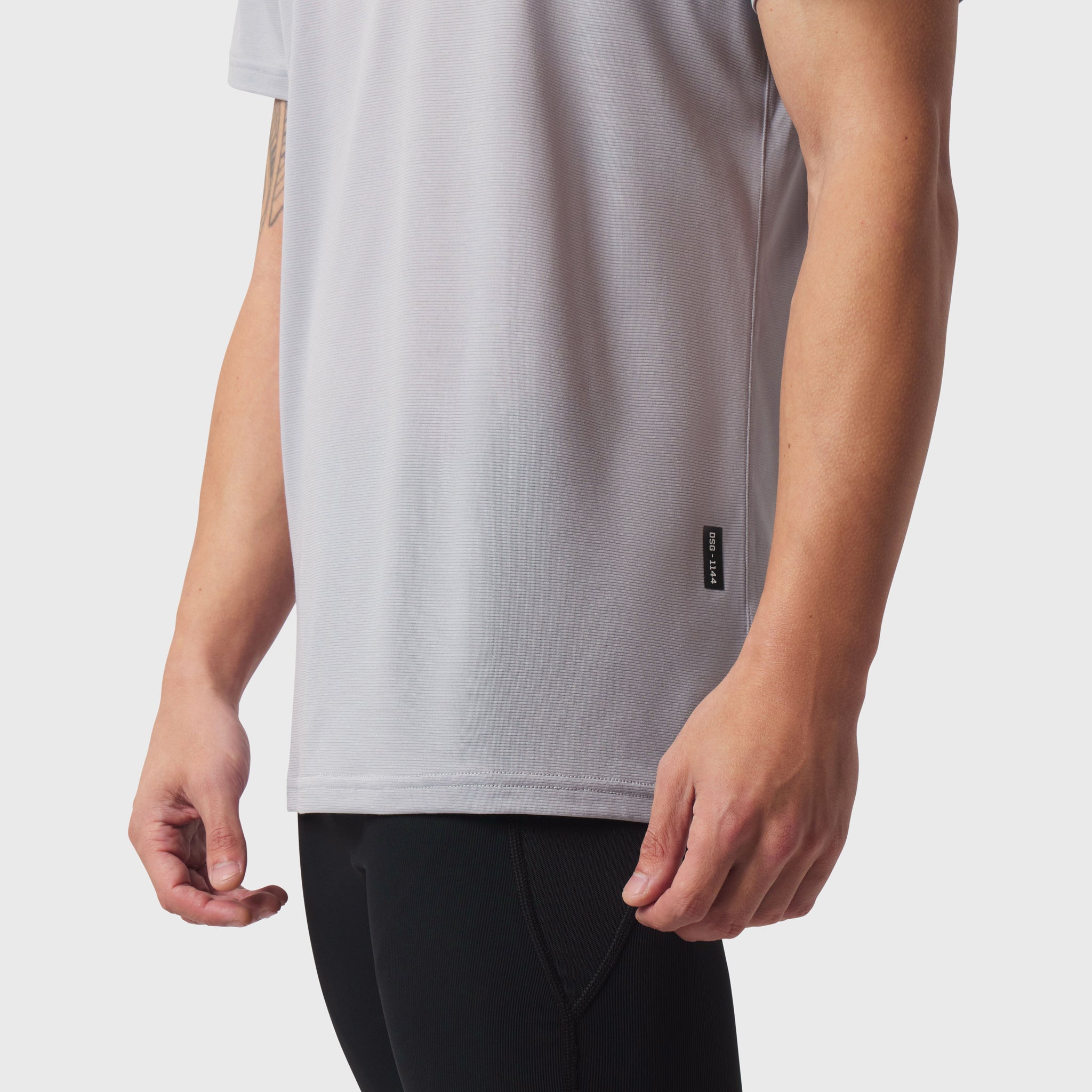 Polartec® Delta Training Tee in slate grey worn by model, side view