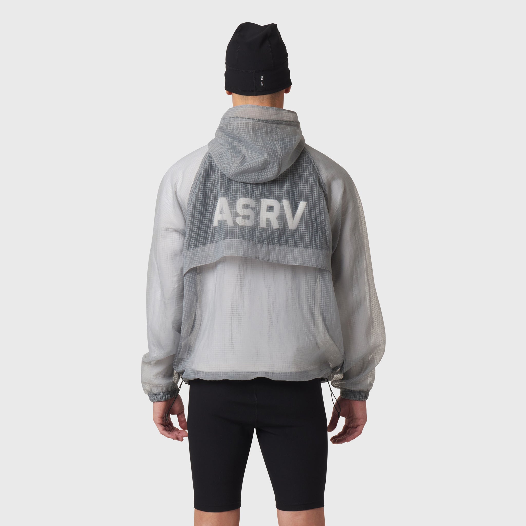 Weather-Ready Transparent Ripstop Shell Jacket in slate grey, worn by model, back view