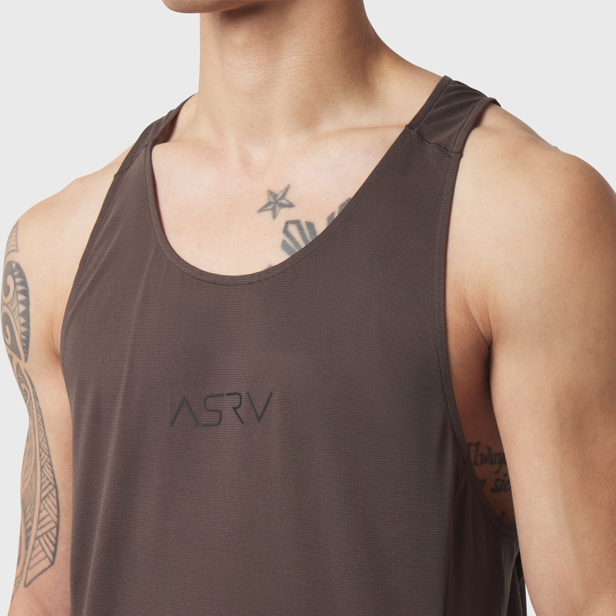 Polartec® Delta Singlet in dark earth worn by male model, front view showcasing ASRV logo