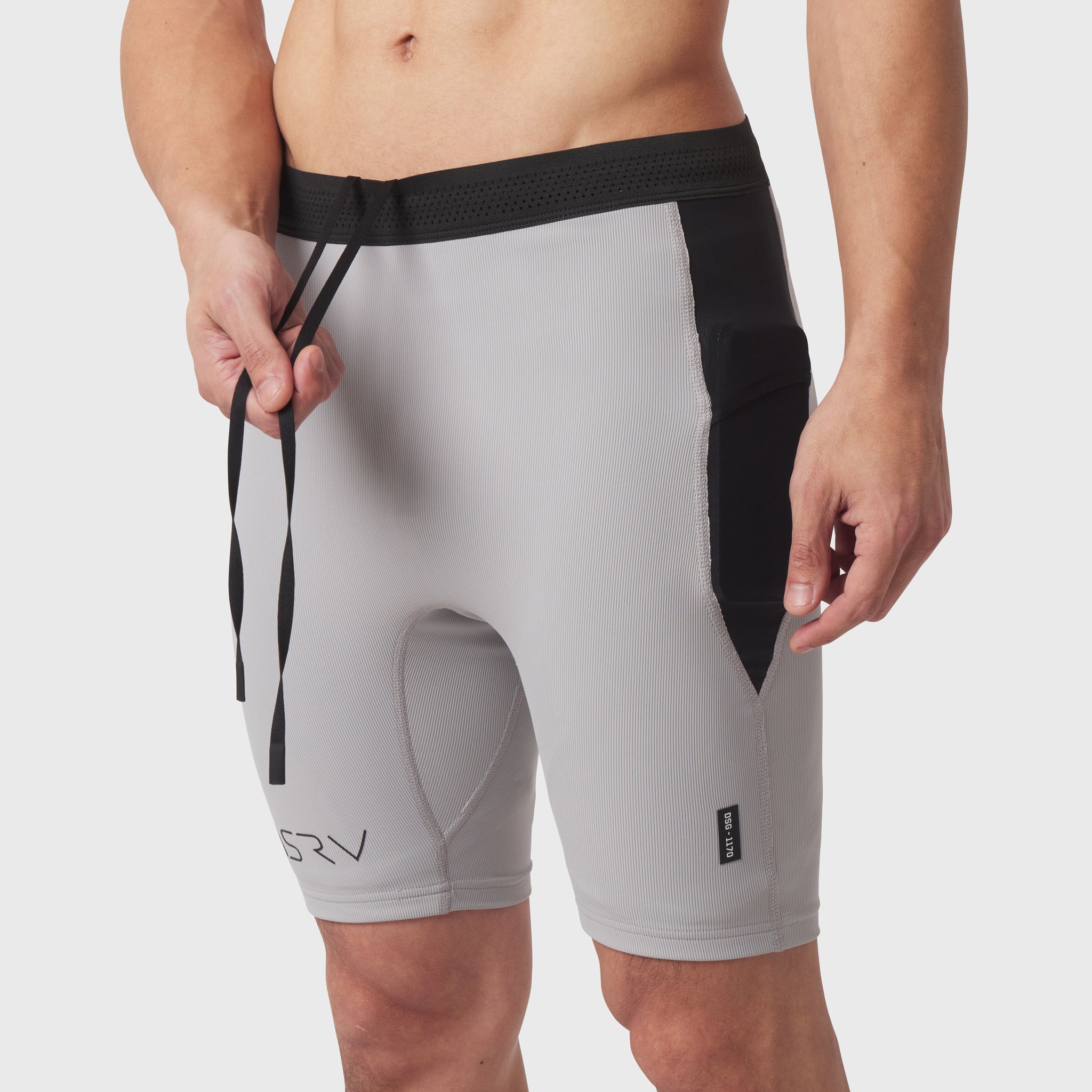Lycra Ribbed Run Half-Tight in slate grey worn by model, side view