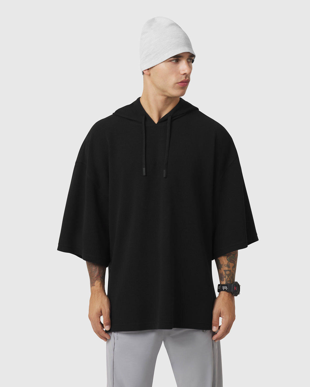 1204. Tech-Waffle™ Short Sleeve Oversize Hoodie - Black