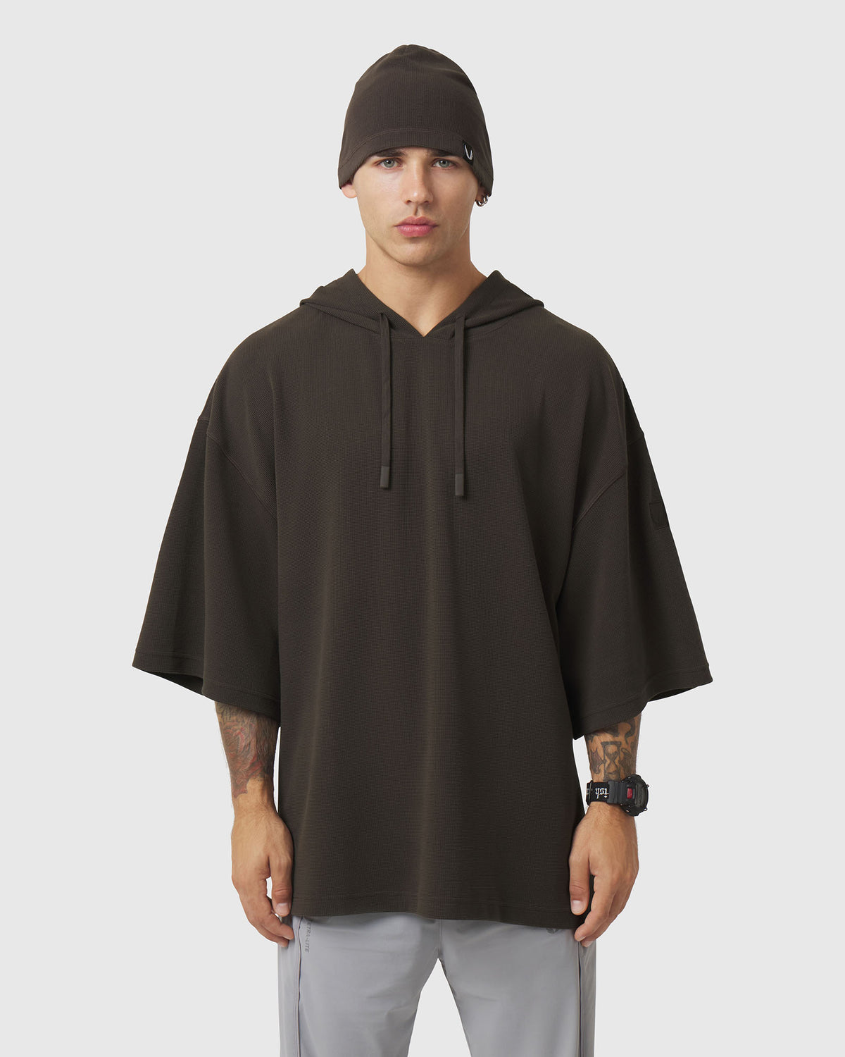 1204. Tech-Waffle™ Short Sleeve Oversize Hoodie - Dark Earth