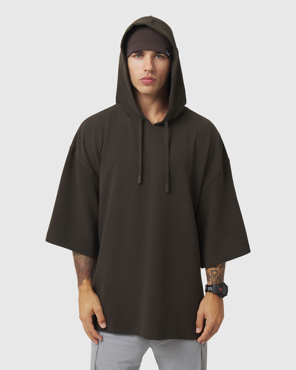 1204. Tech-Waffle™ Short Sleeve Oversize Hoodie - Dark Earth