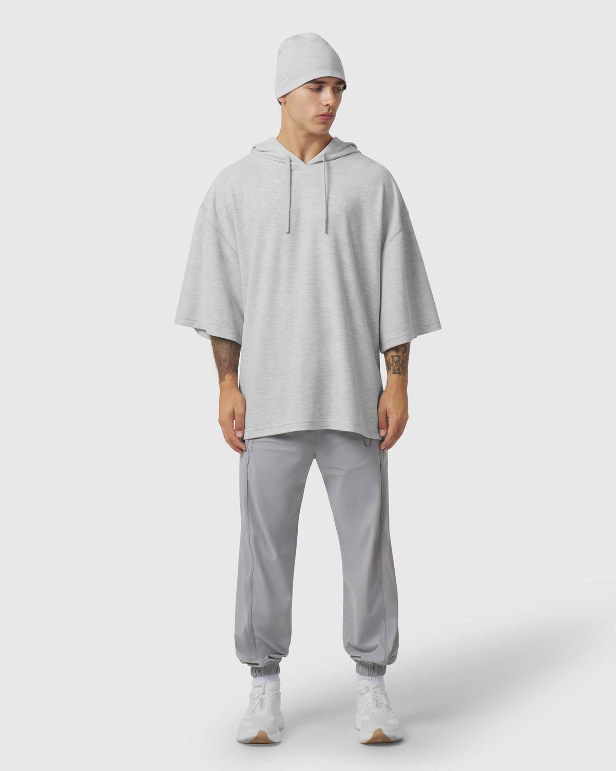 1204. Tech-Waffle™ Short Sleeve Oversize Hoodie - Heather Grey