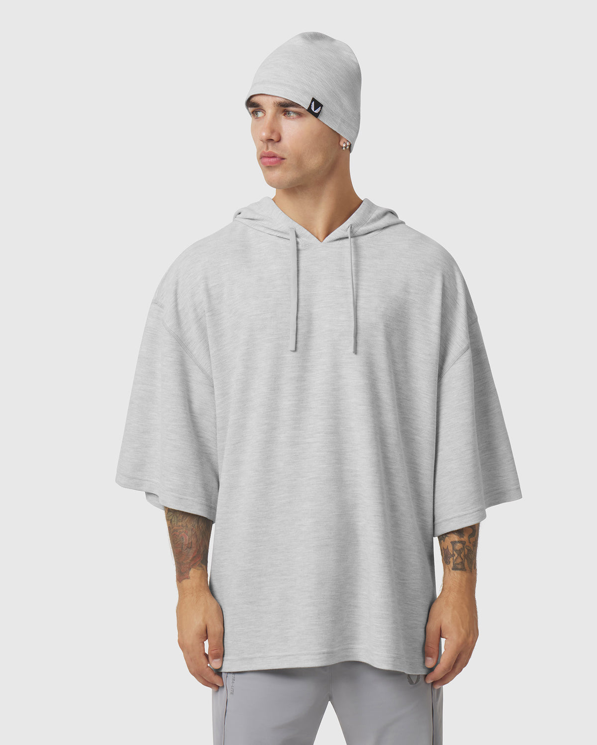 1204. Tech-Waffle™ Short Sleeve Oversize Hoodie - Heather Grey