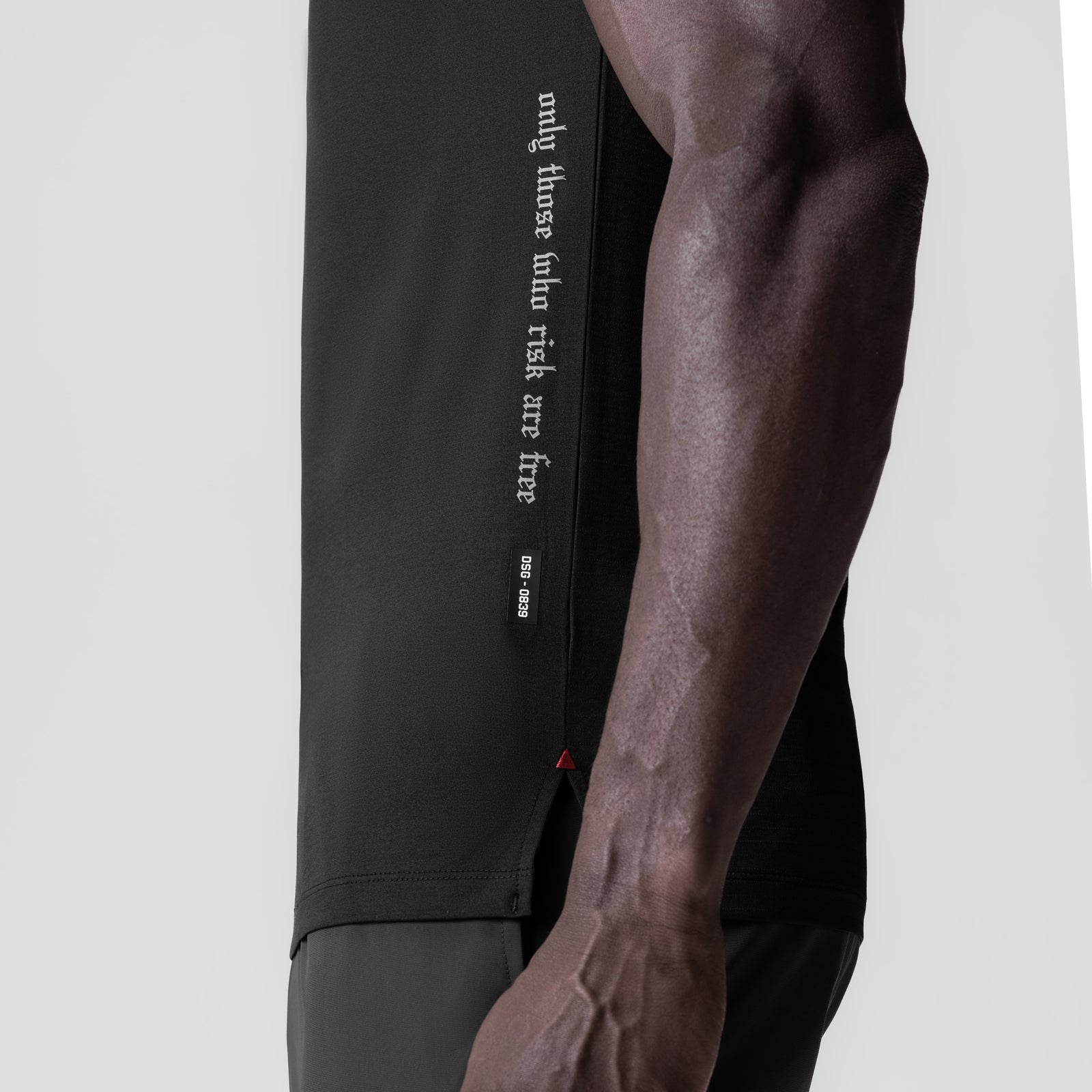 0839. 3D-Lite® 2.0 Lycra® Fitted Tee in black worn by model, side view