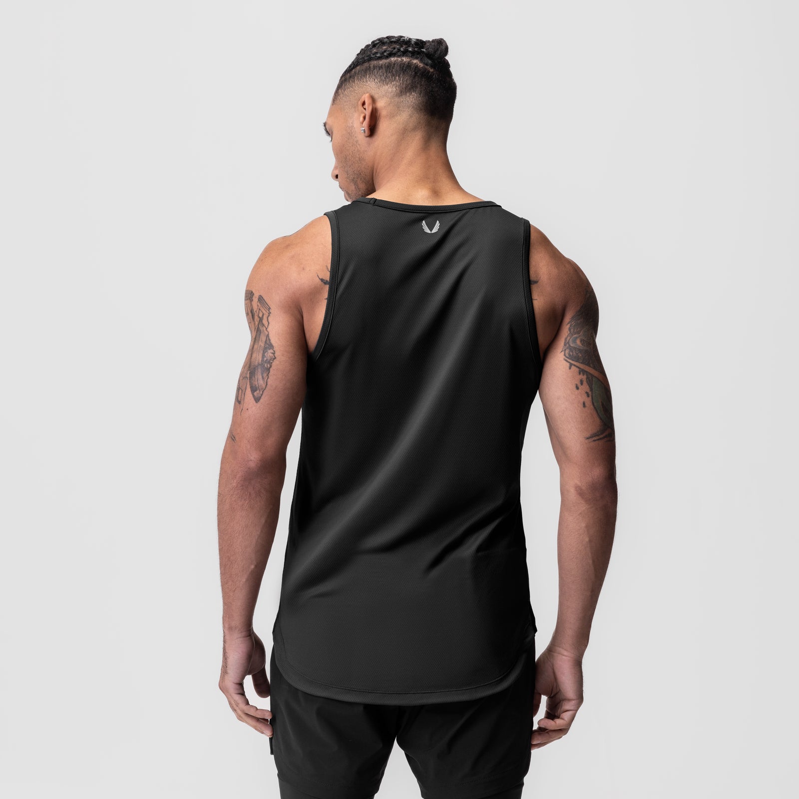 Black AeroSilver Tank Top worn by model, back view