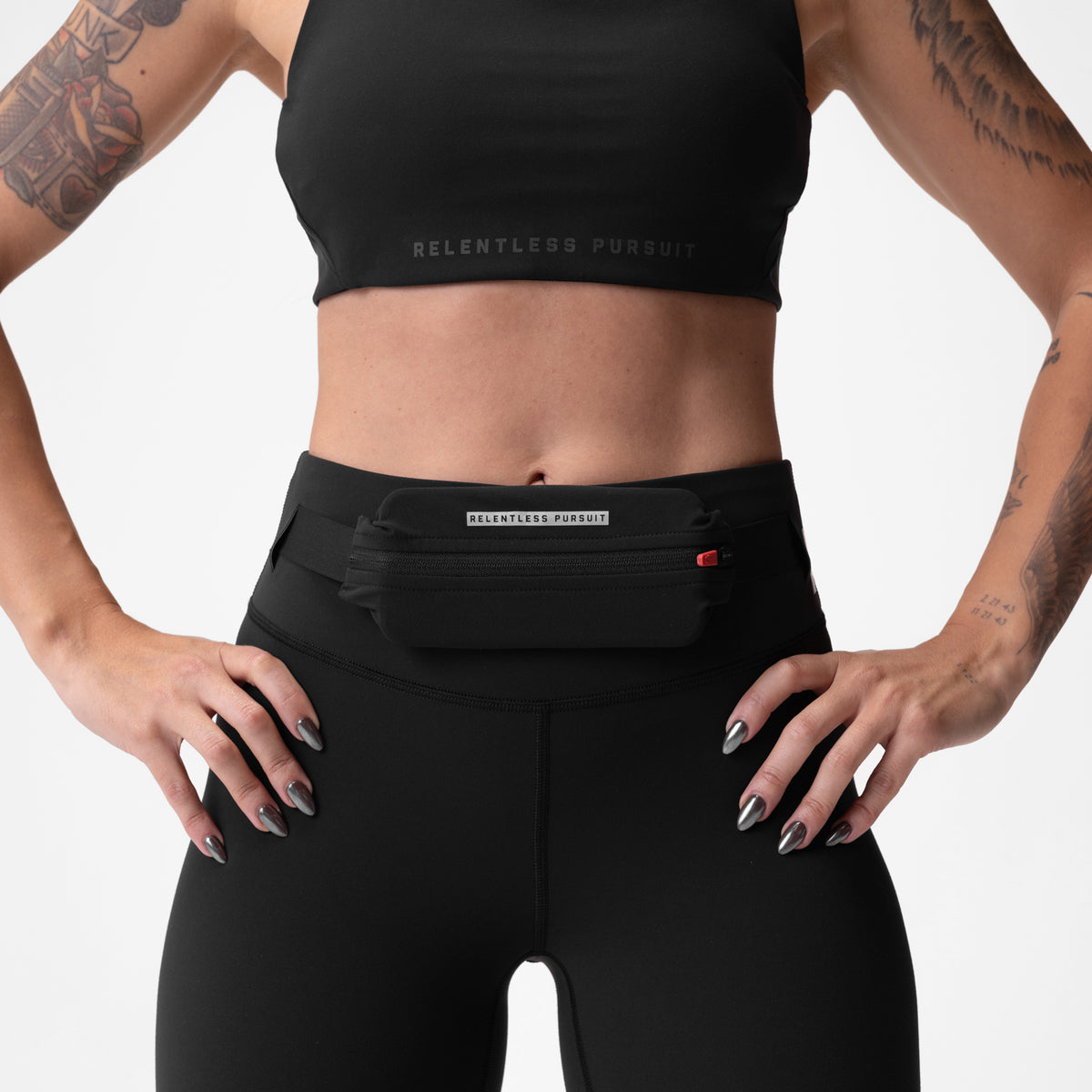 W029 LYCRA® 3-in-1 Biker Short in black, worn with matching sports bra, front view