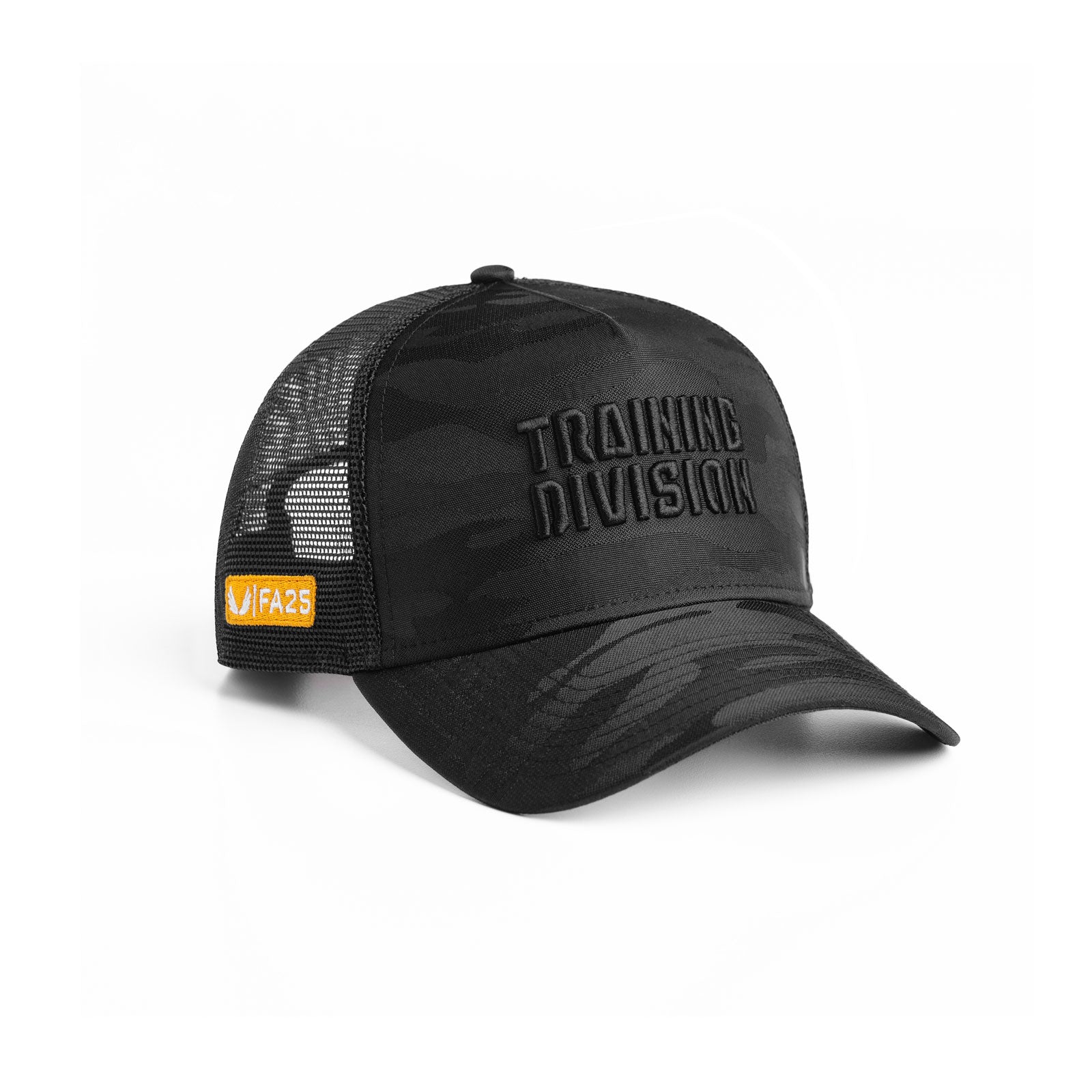 New Era 9Forty Trucker Hat in black camo with mesh back, angled product view