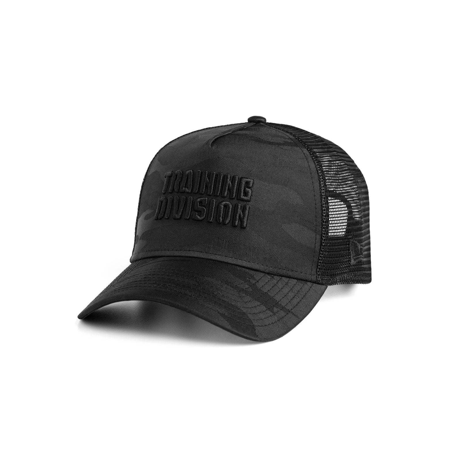 flatlay New Era 9Forty A-Frame Trucker Hat in black camo with black mesh back, three-quarter view