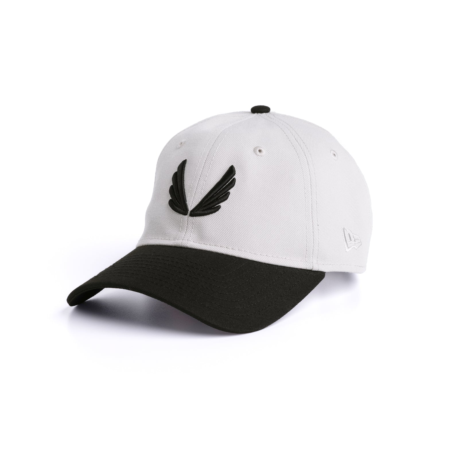 flatlay New Era 9Twenty Strapback Hat in stone white and black, front view