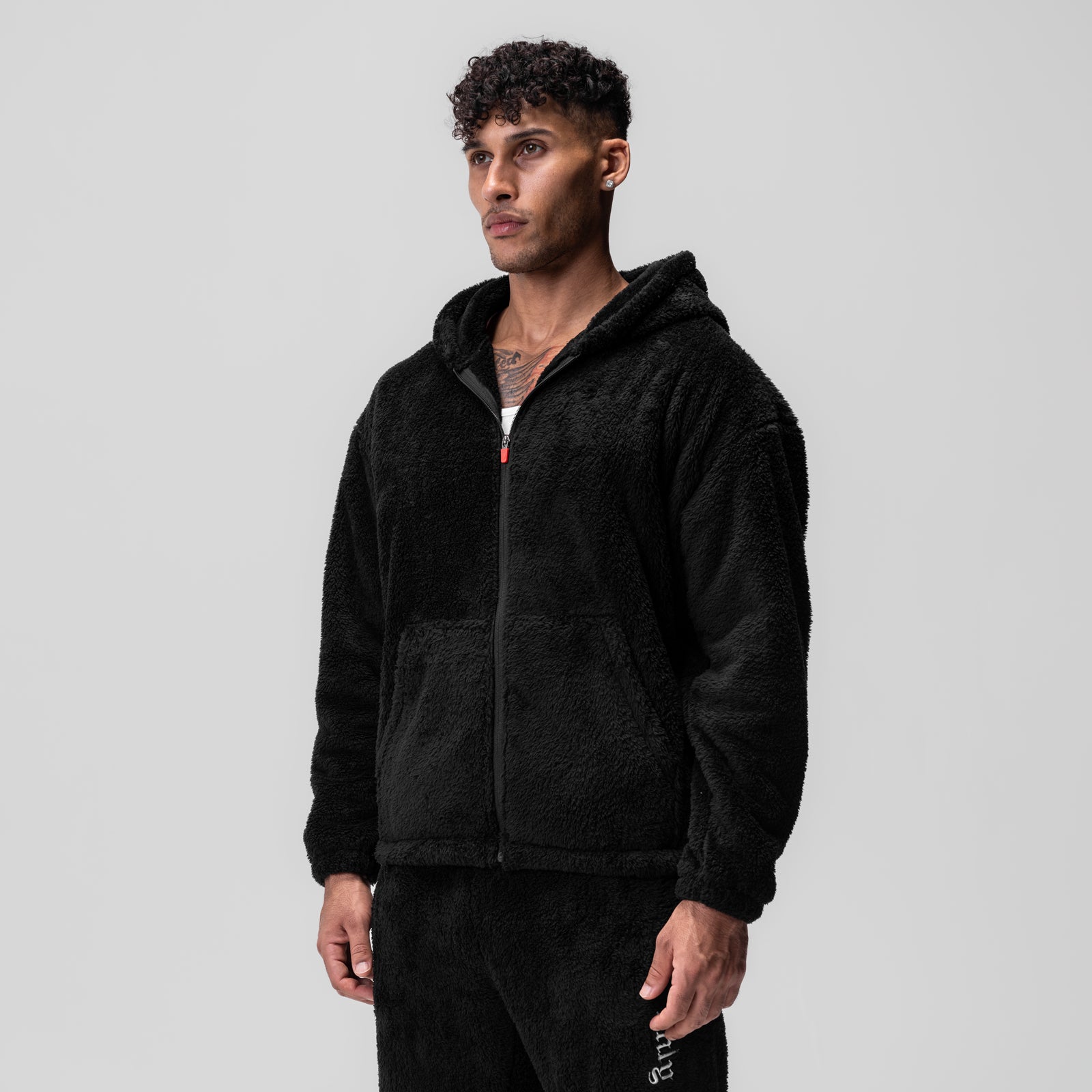 Black Sherpa Recovery Full Zip Hoodie worn by model, front view