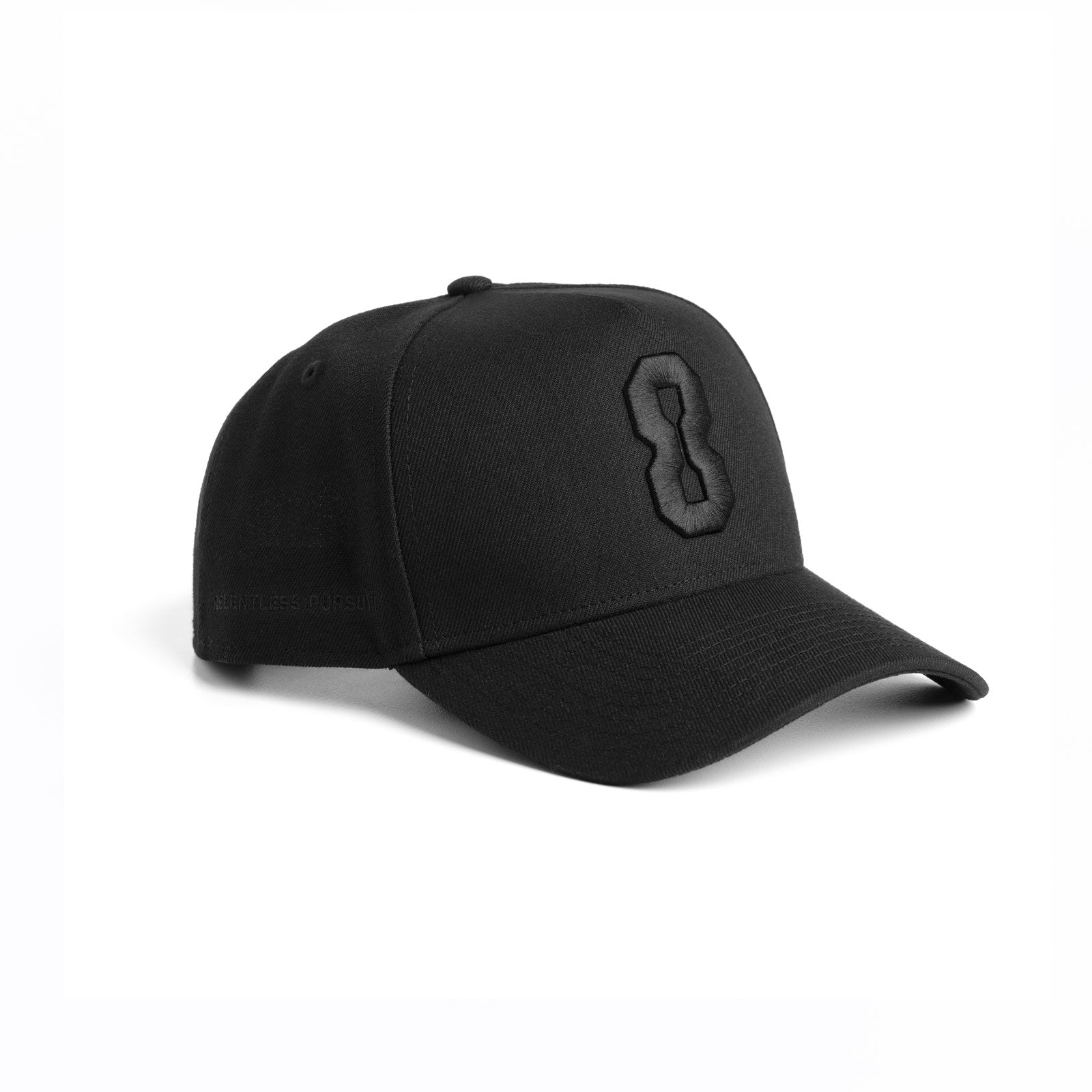 New Era 9Forty A-Frame Hat in black with embroidered 8 logo, side view