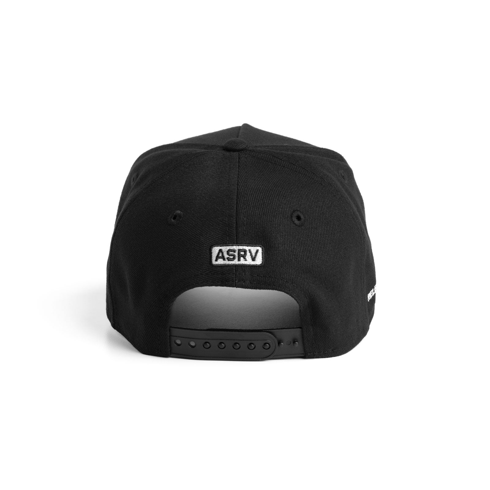 New Era 9Forty A-Frame Hat in black with white ASRV logo, back view showing snapback closure