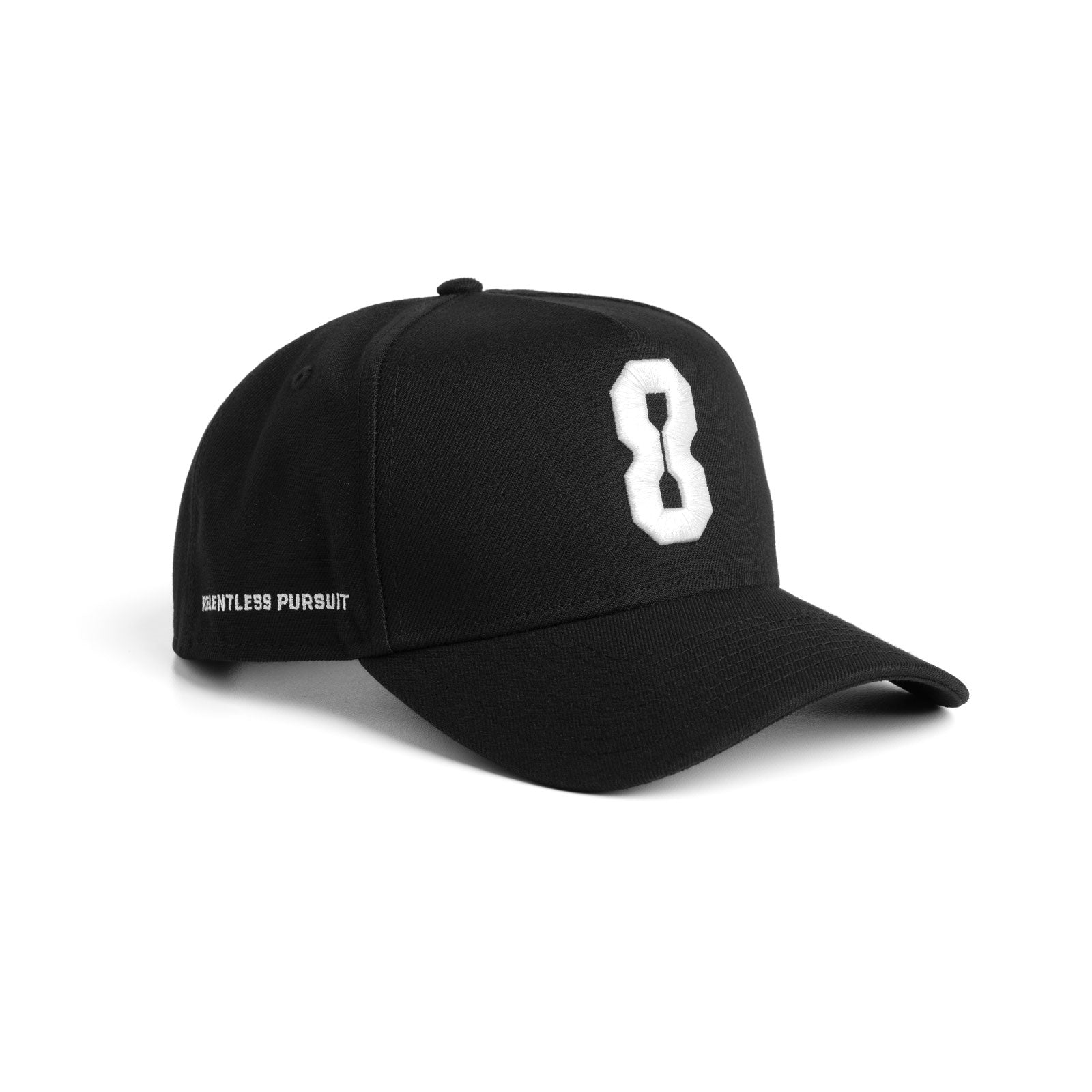 Black New Era 9Forty A-Frame Hat with white '8' logo, displayed on stand against white background