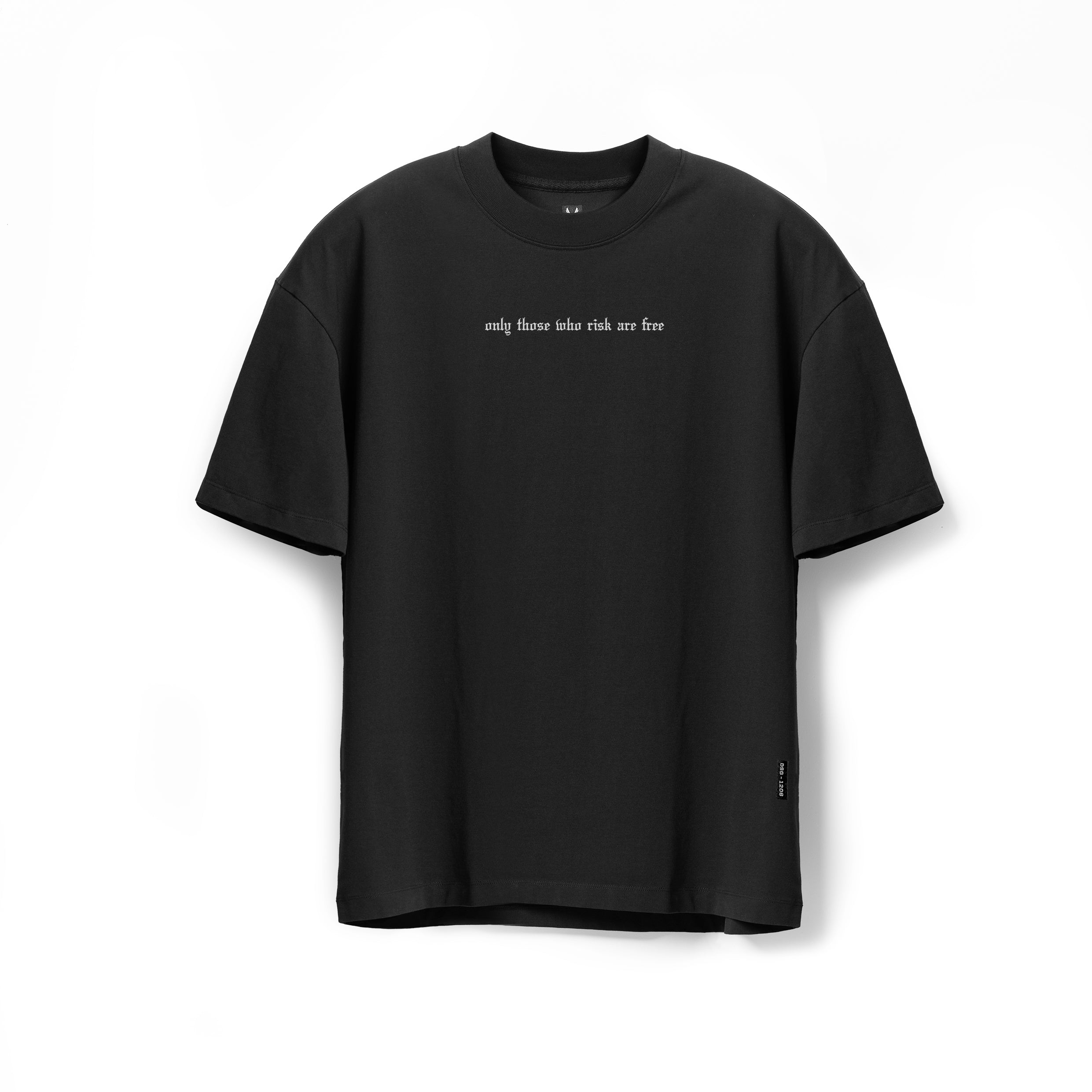 flatlay front view of black oversized boxy tee with small chest graphic print
