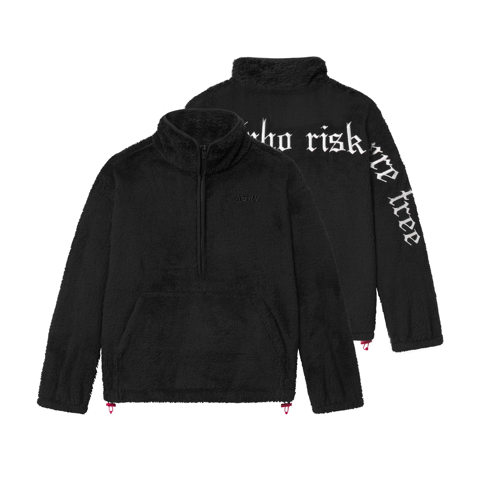 flatlay Sherpa Recovery 1/2 Zip pullover in black with white text details, front and back view