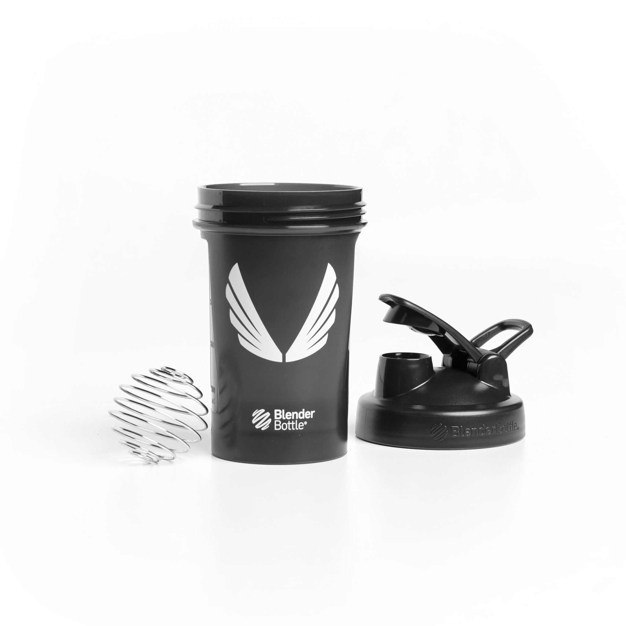 Flatlay of ASRV x Blender Bottle Mini Shaker in black with wings logo, showing bottle, cap, and mixing ball