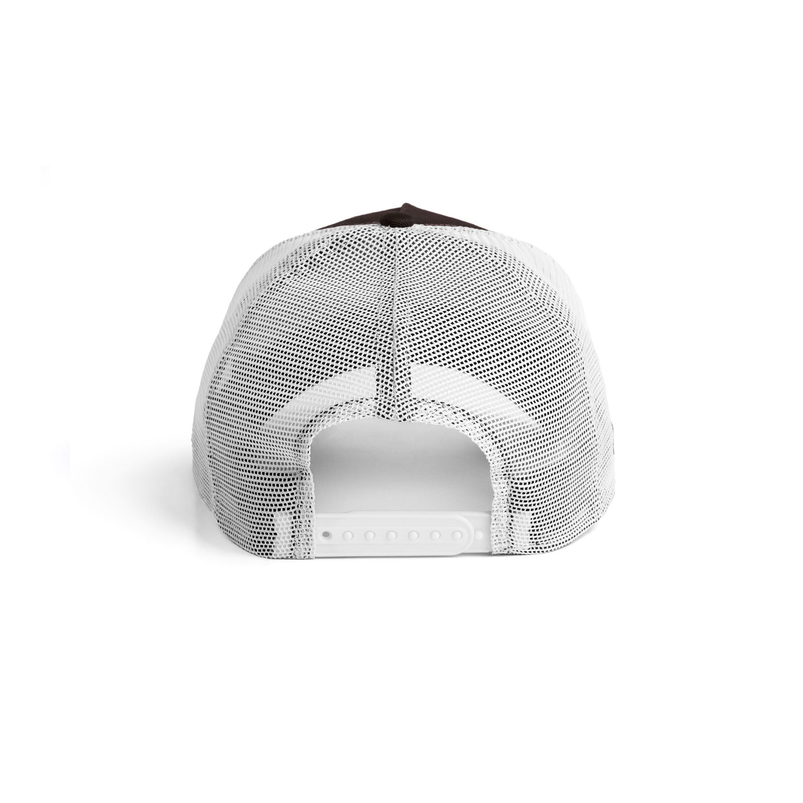 flatlay New Era 9Forty A-Frame Trucker Hat in dark earth and white, back view