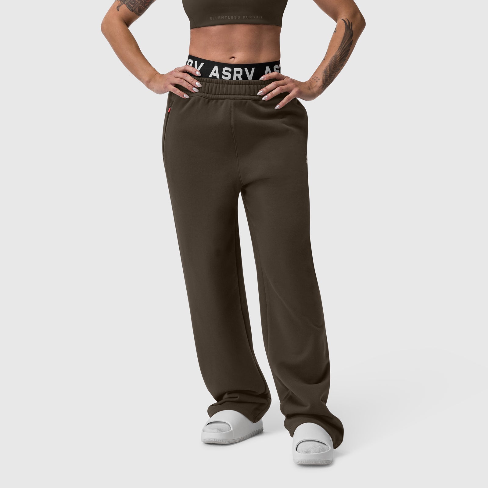 W034 Sorona® Terry Straight Leg Sweats in dark earth, modeled front view with hands on hips