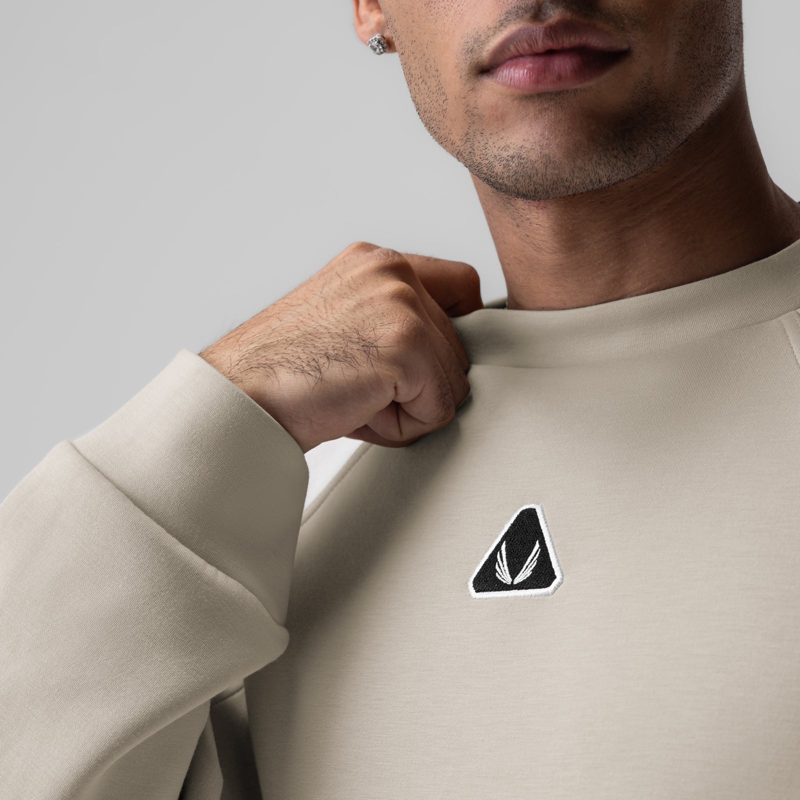 Dri-Core™ Oversized Crewneck in Chai worn by model, front view