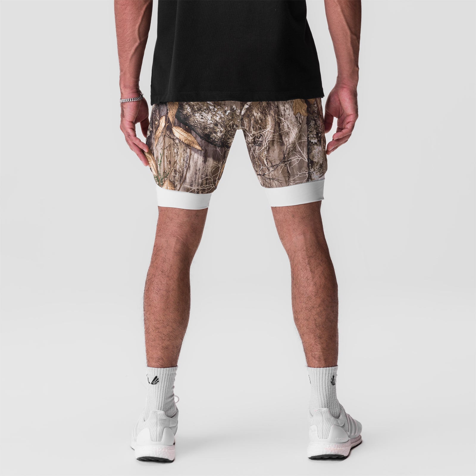 Tetra-Lite 7" Liner Short in Realtree Camo with white trim, back view on model