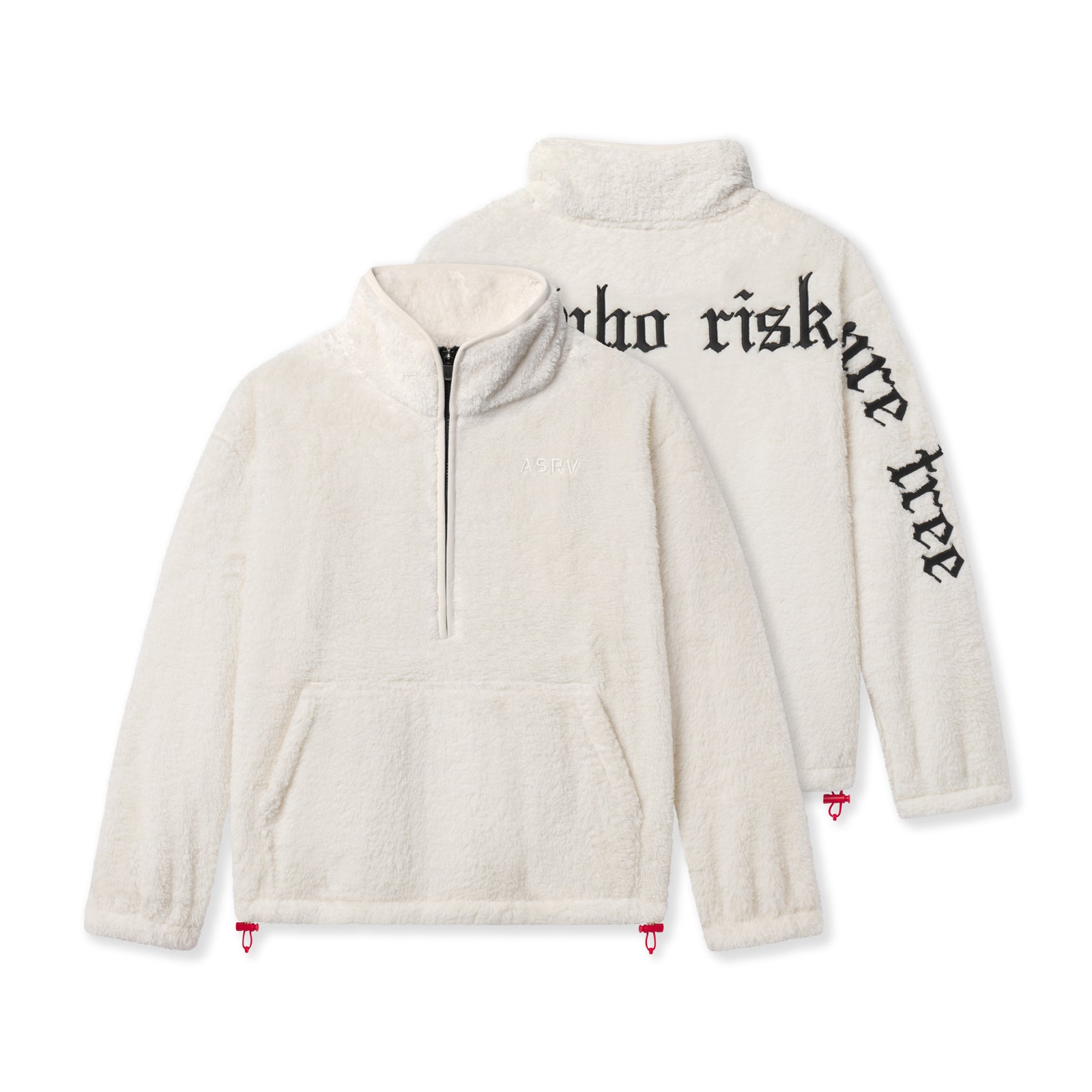 Flatlay of Sherpa Recovery 1/2 Zip hoodie in ivory cream with black text, front and back views