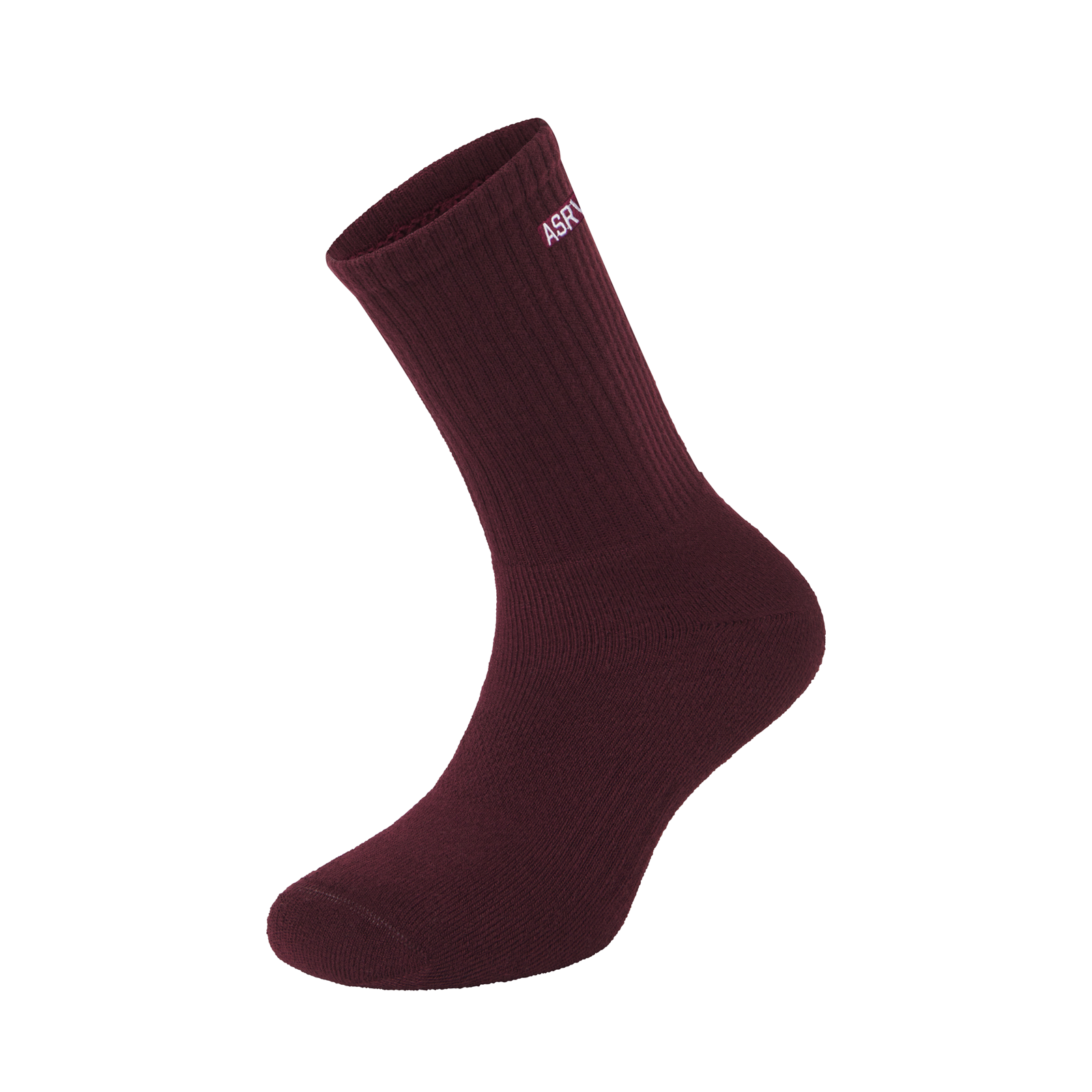 Essential Crew Socks in crimson, displayed on foot form against white background