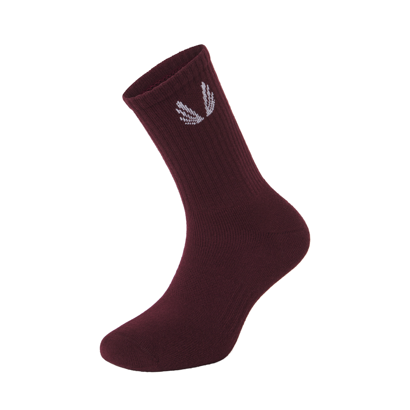 Essential Crew Socks in crimson with white logo, displayed on foot form against white background