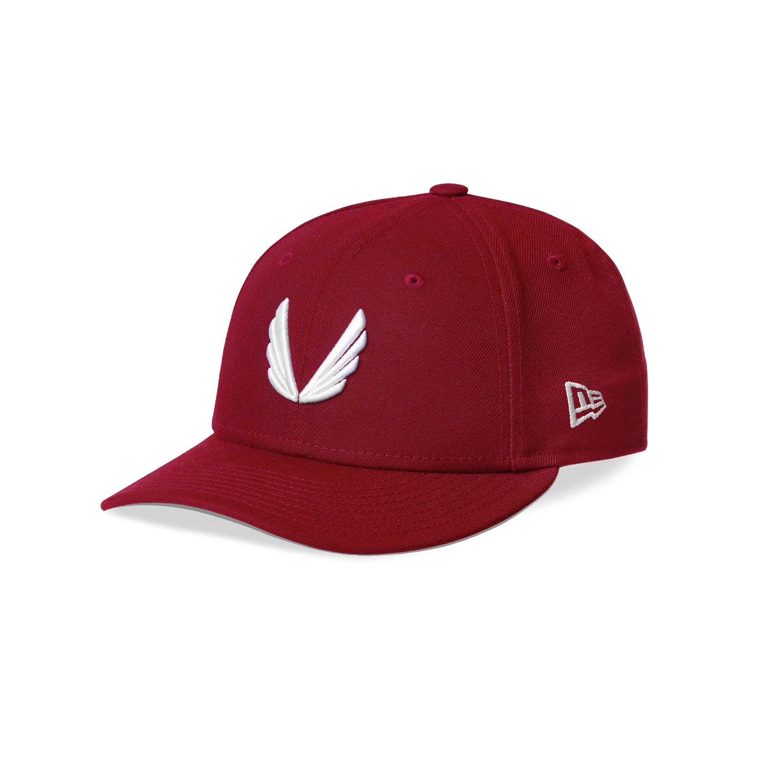flatlay New Era 59Fifty Low Profile Hat in crimson with white wings logo, front view