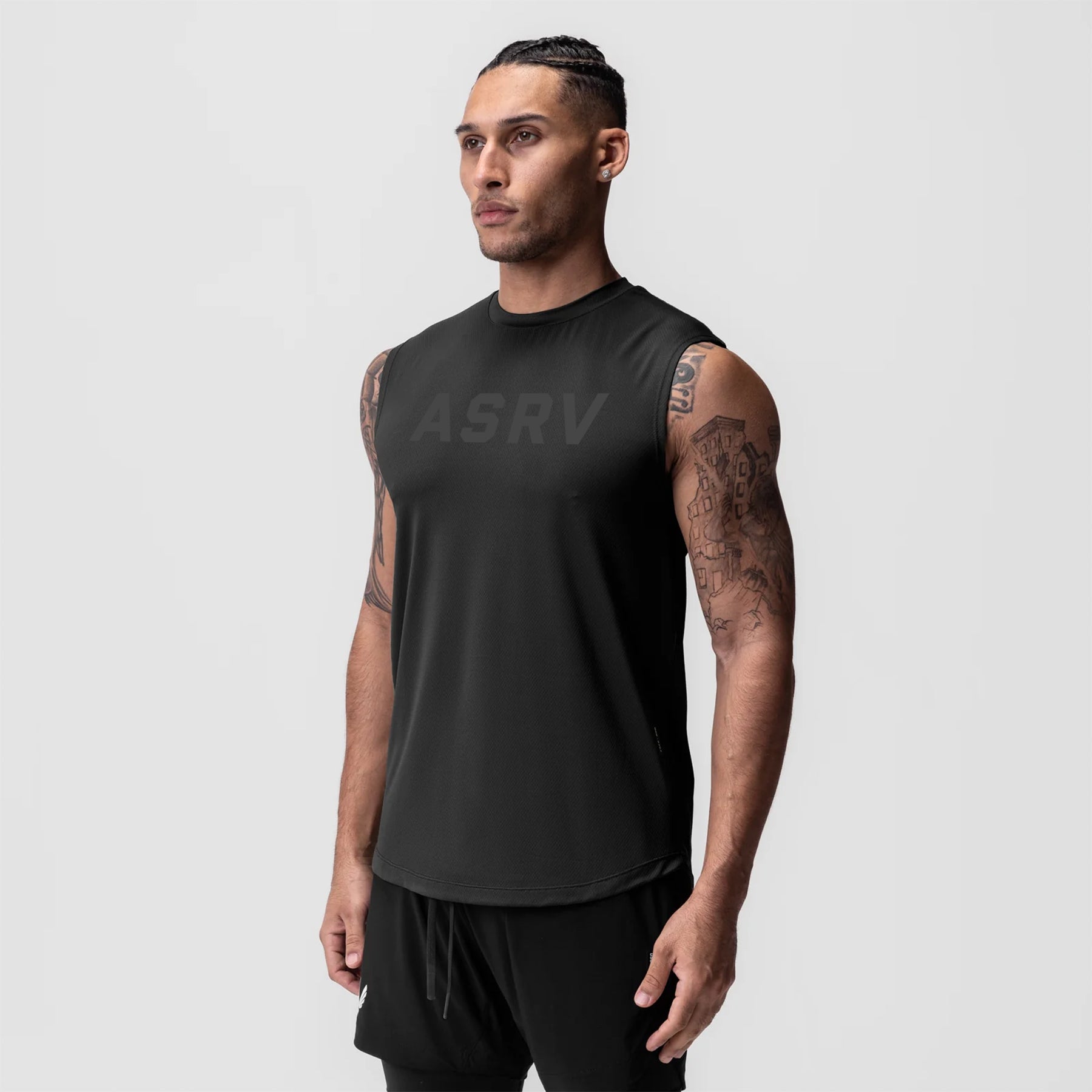 AeroSilver® Cutoff Tank in black worn by male model, front view