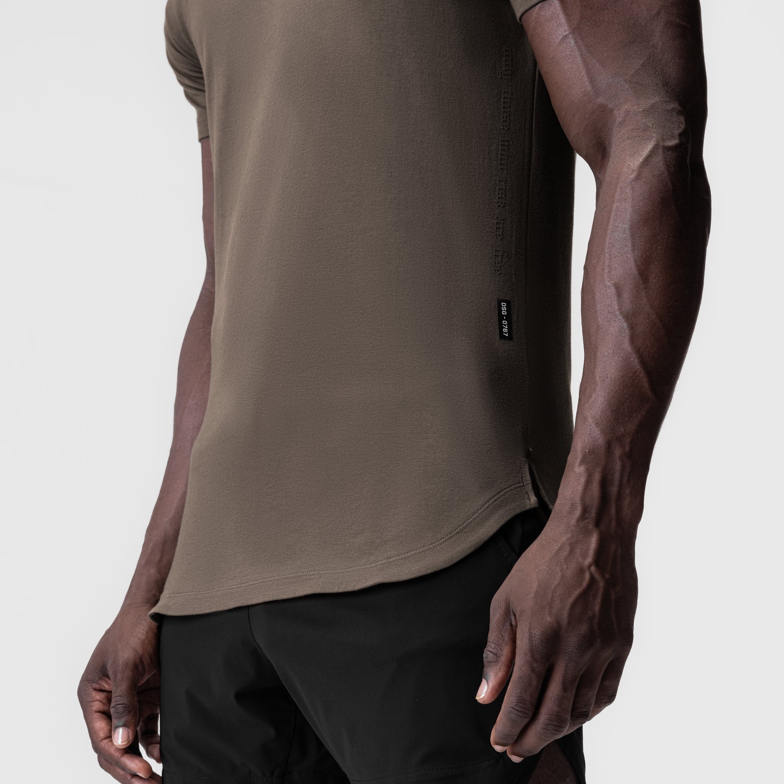 Supima® Established Tee in Deep Taupe worn by model, side view