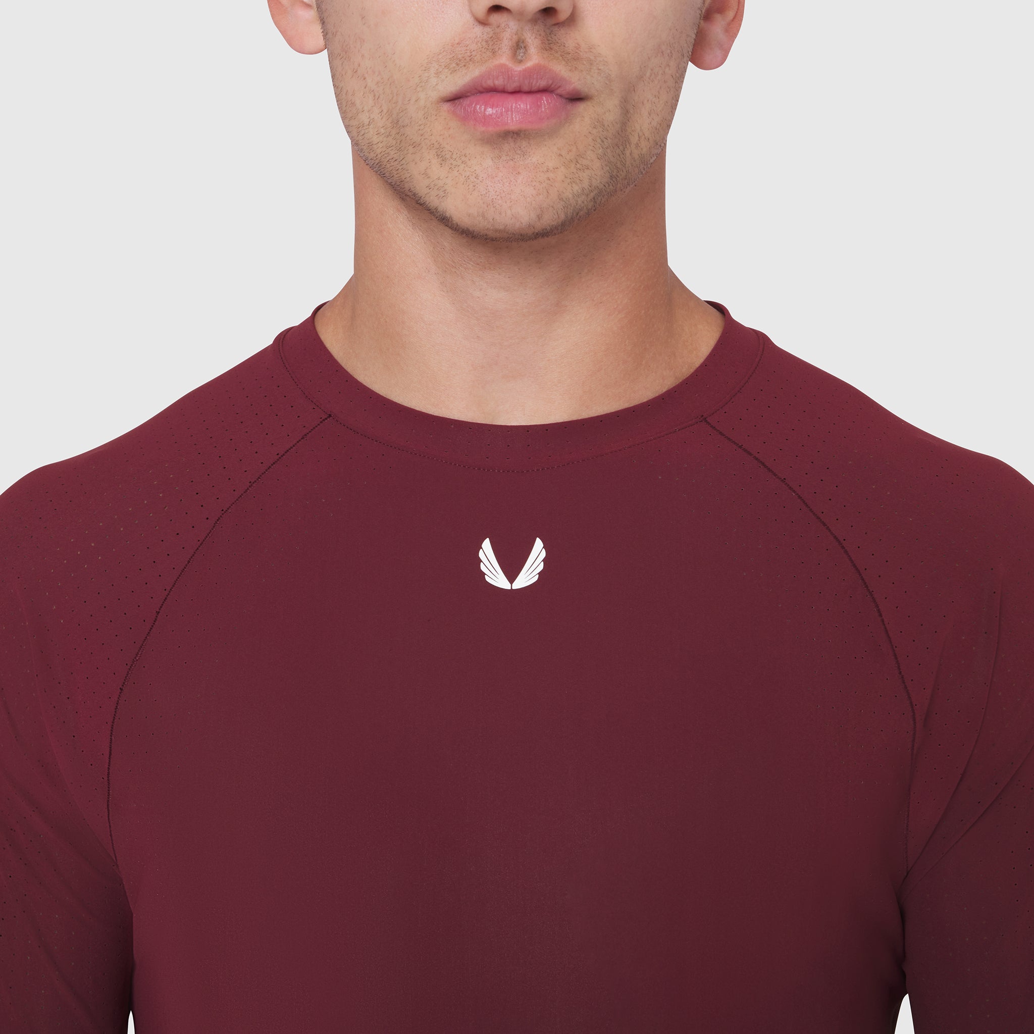 Laser-Vent™ Established Long Sleeve in Crimson, worn by model, front view