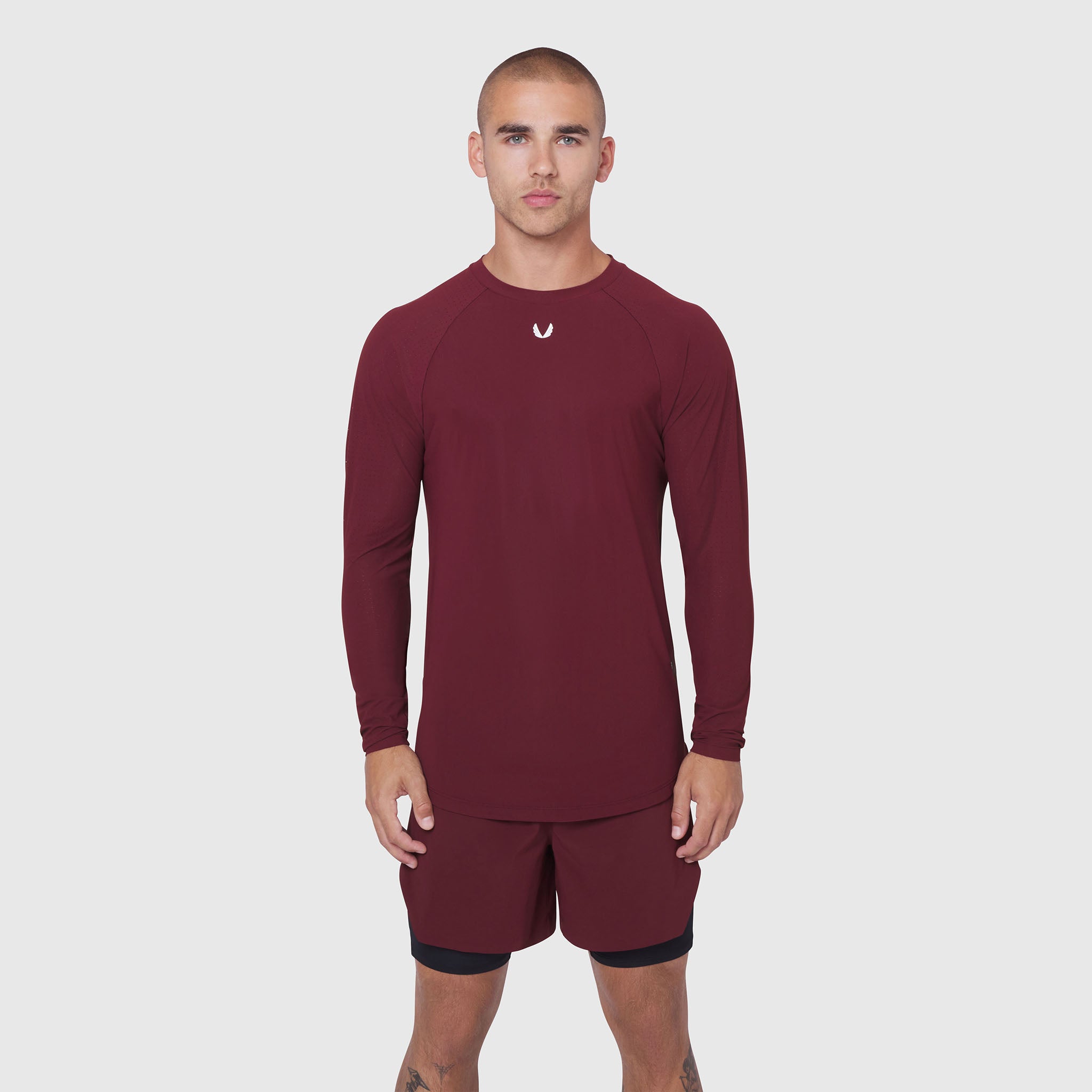 Laser-Vent™ Established Long Sleeve in crimson worn by male model, front view