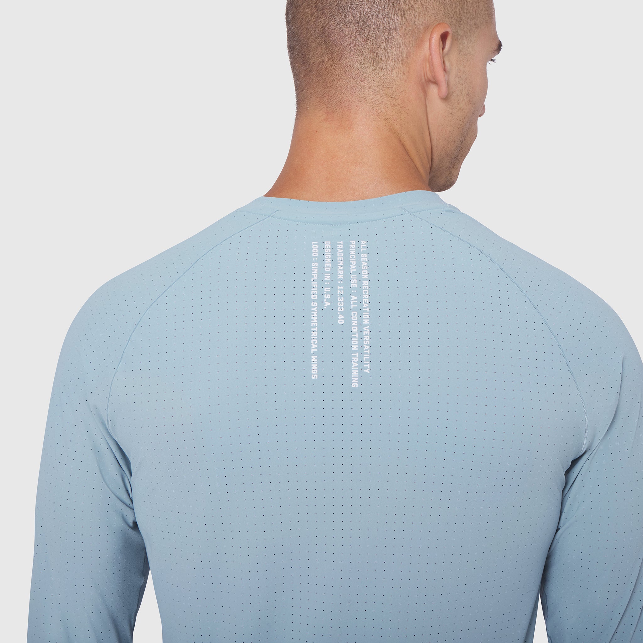 Laser-Vent Established Long Sleeve in Light Sky, worn by model, back view