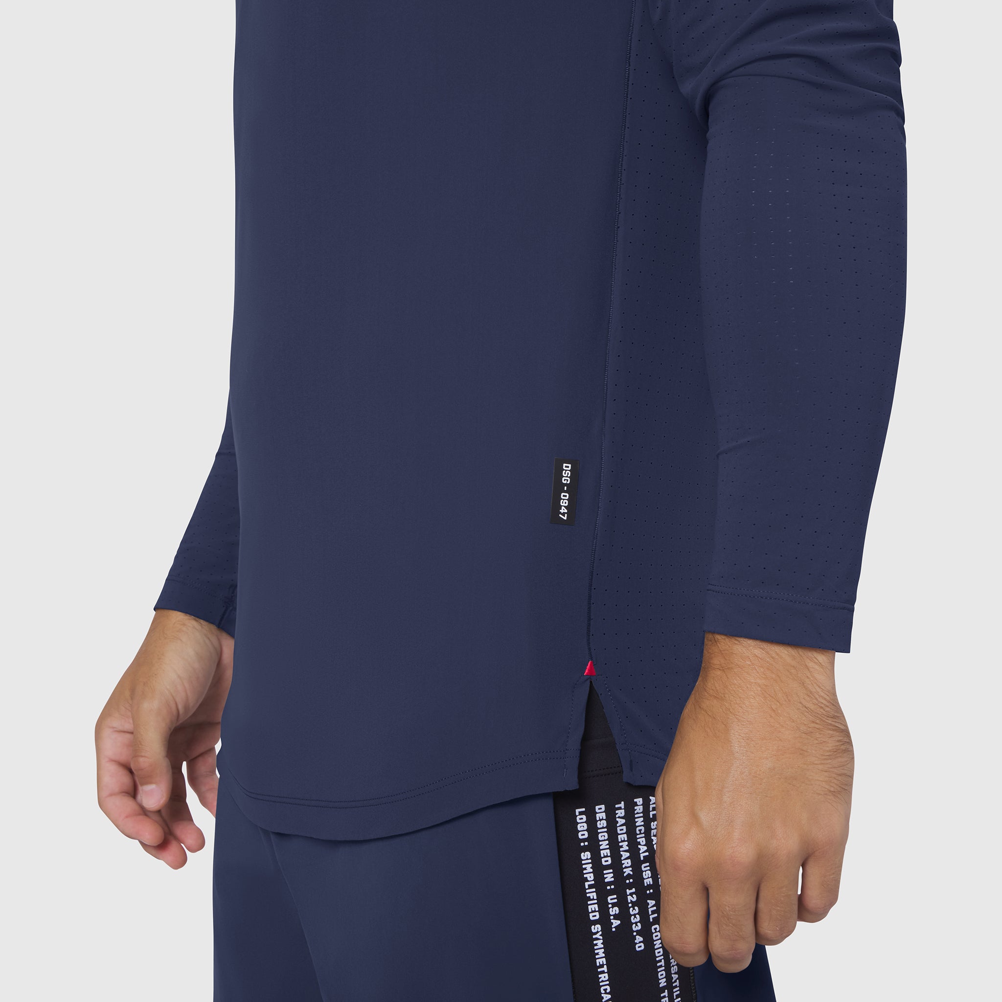 Laser-Vent Established Long Sleeve in navy worn by model, side detail view