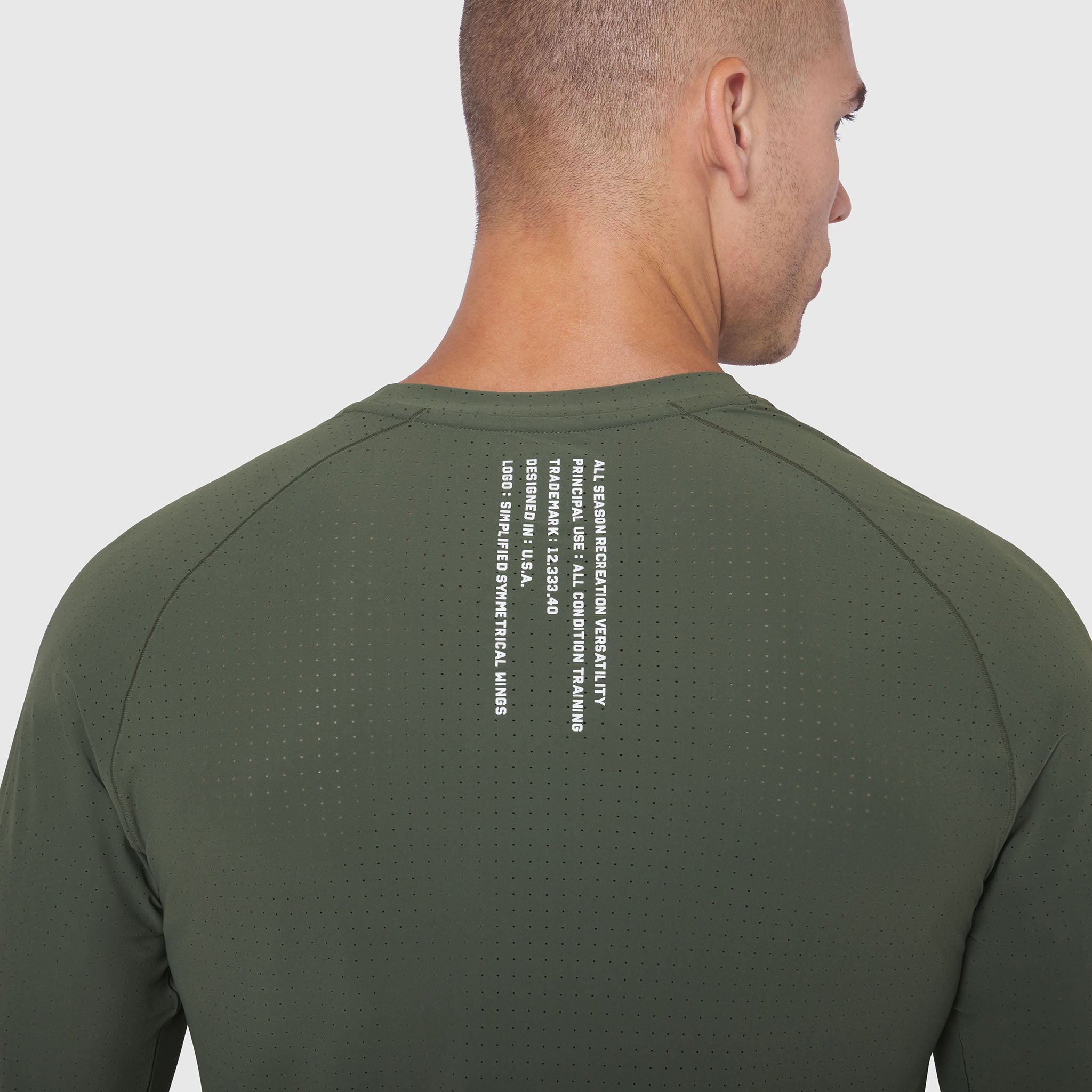 Laser-Vent™ Established Long Sleeve in olive worn by model, back view