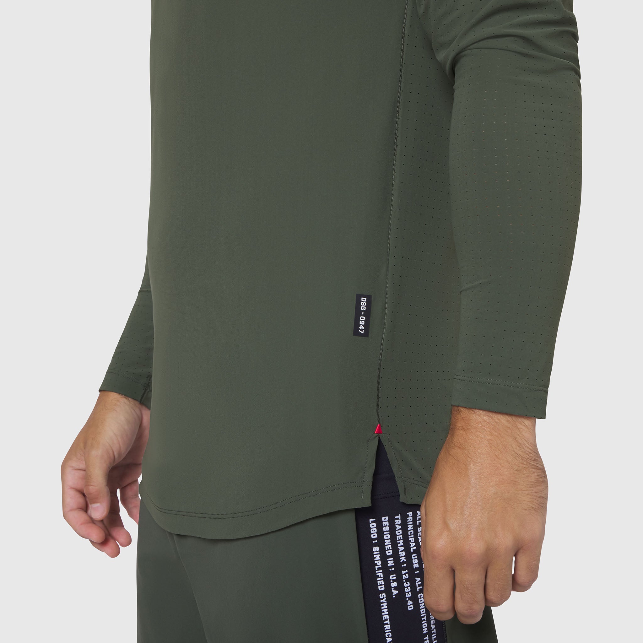 Laser-Vent Established Long Sleeve in olive worn by model, side view detail