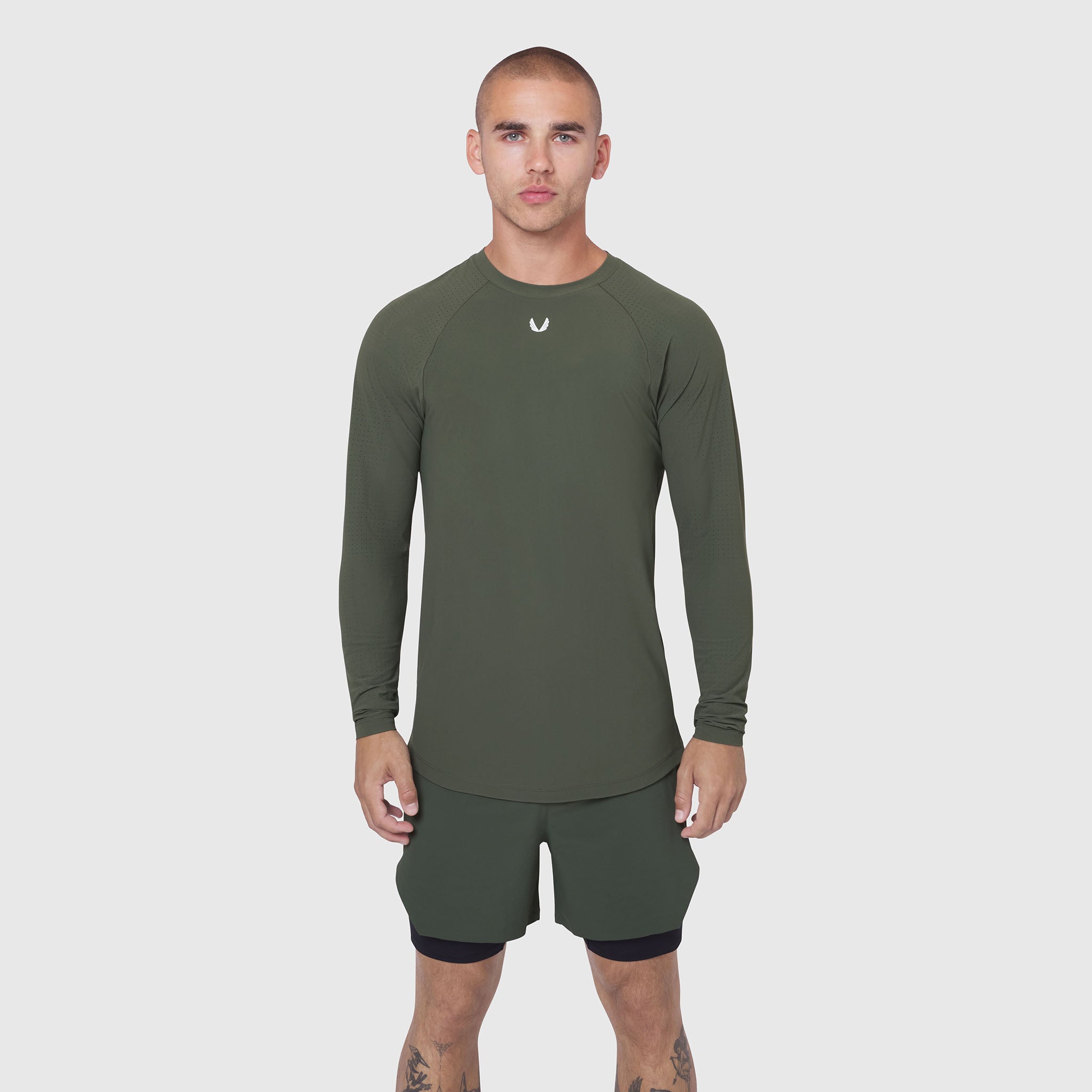 Laser-Vent™ Established Long Sleeve in olive worn by male model, front view