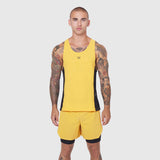 Laser-Vent Singlet Tank in amber and black, worn by male model, front view