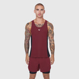 Laser-Vent™ Singlet Tank in Crimson/Black worn by male model, front view