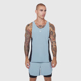 Laser-Vent™ Singlet Tank in light sky and black, worn by male model, front view