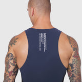 Laser-Vent Singlet Tank in navy worn by male model, back view showing tattoos