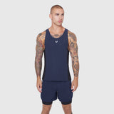 Laser-Vent™ Singlet Tank in navy/black worn by male model, front view