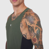 Laser-Vent Singlet Tank in olive and black worn by male model, side view