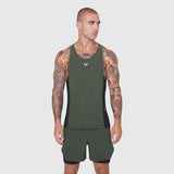 Laser-Vent™ Singlet Tank in olive and black, worn by male model, front view
