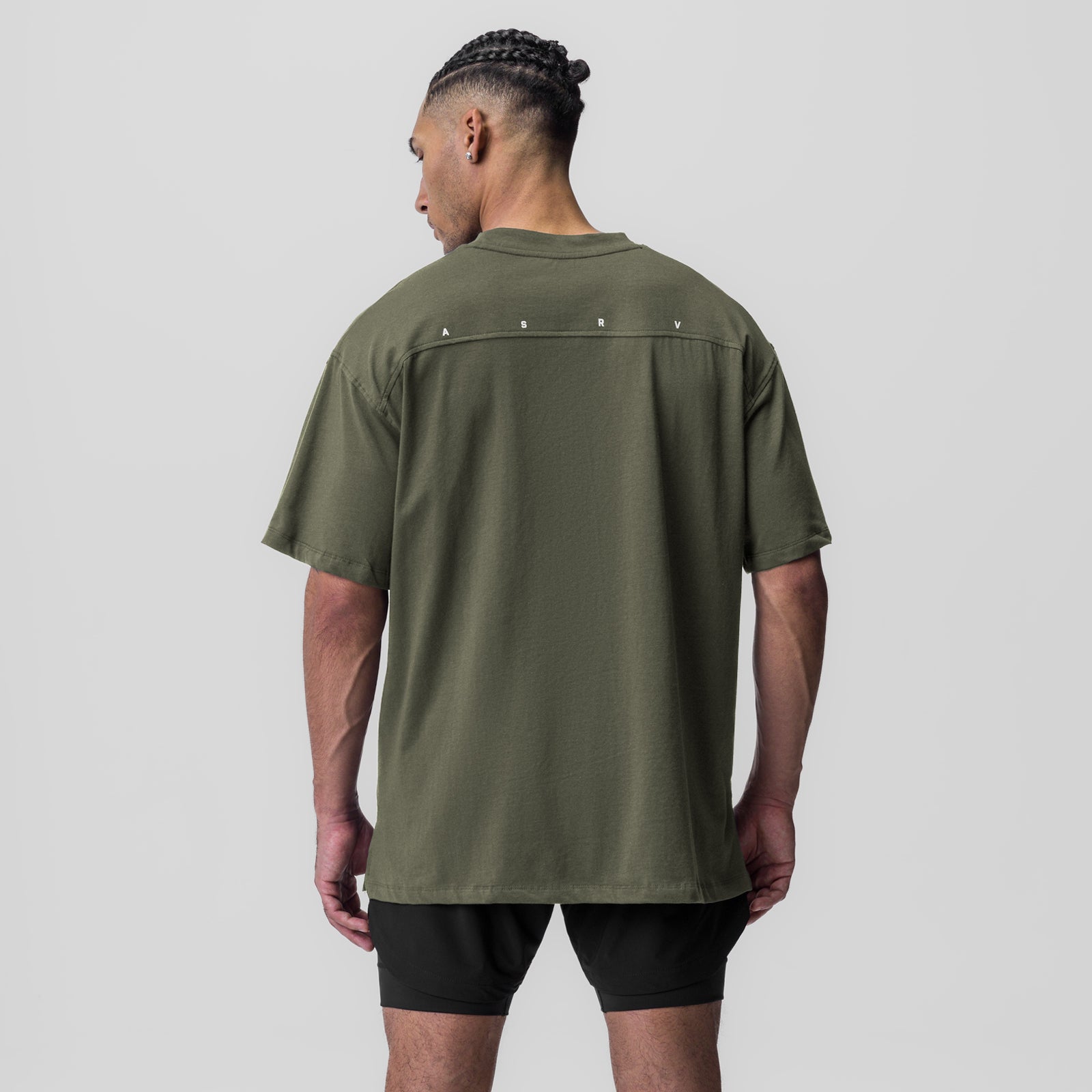 Supima® Oversized Tee in olive, worn by model, back view