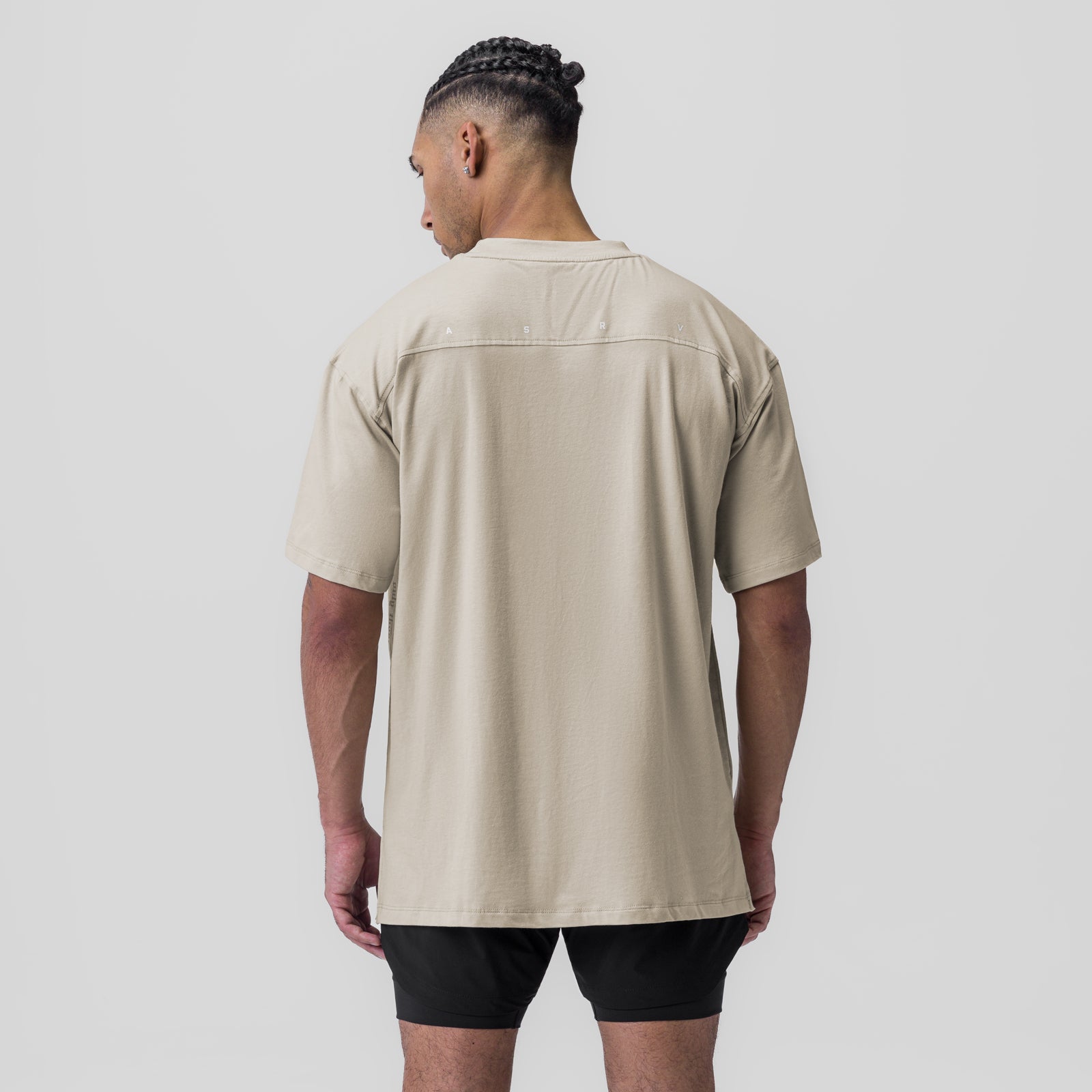 Supima® Oversized Tee in Sand Smoke, worn by model, back view