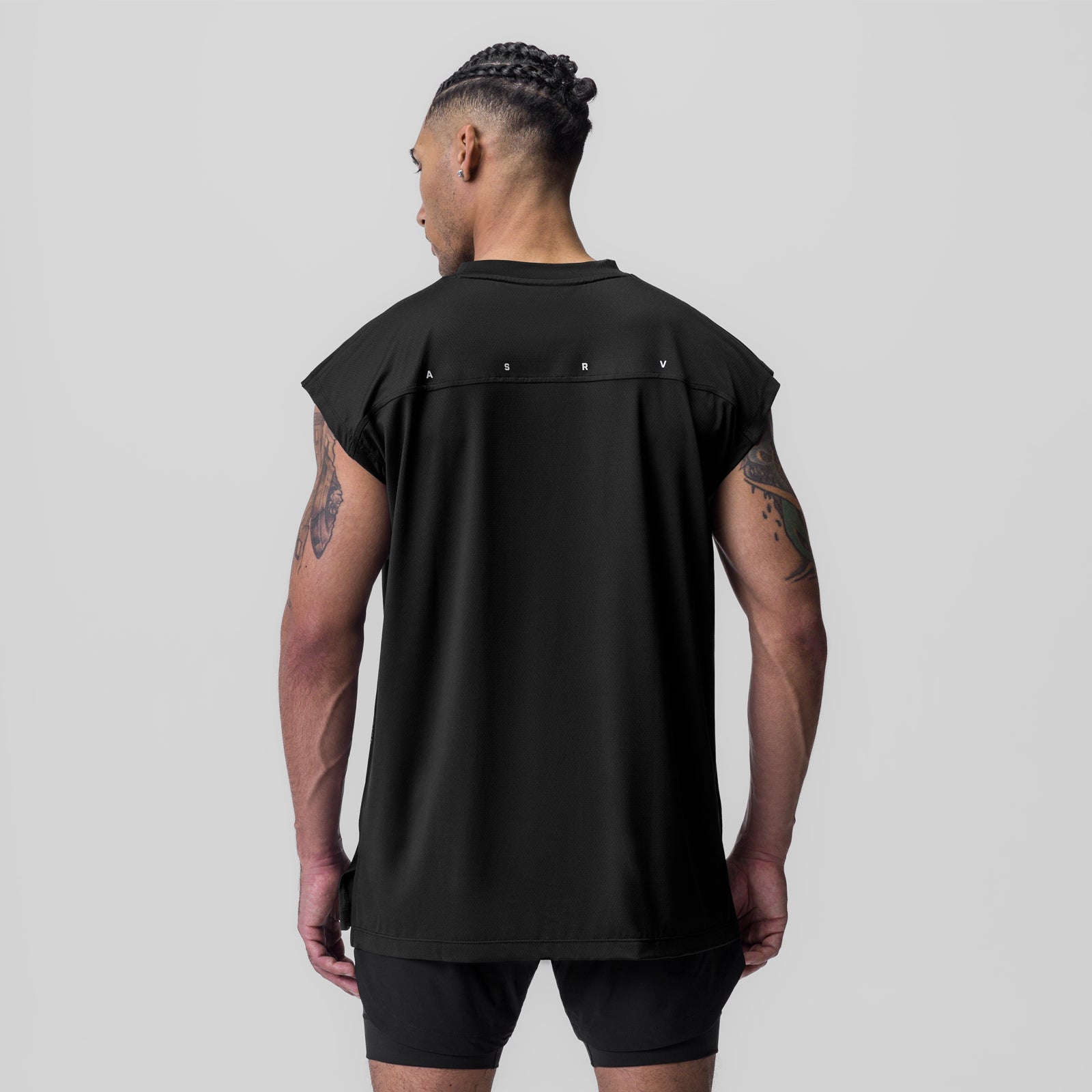 Black Silver-Lite 2.0 oversized cutoff tank top worn by model, back view