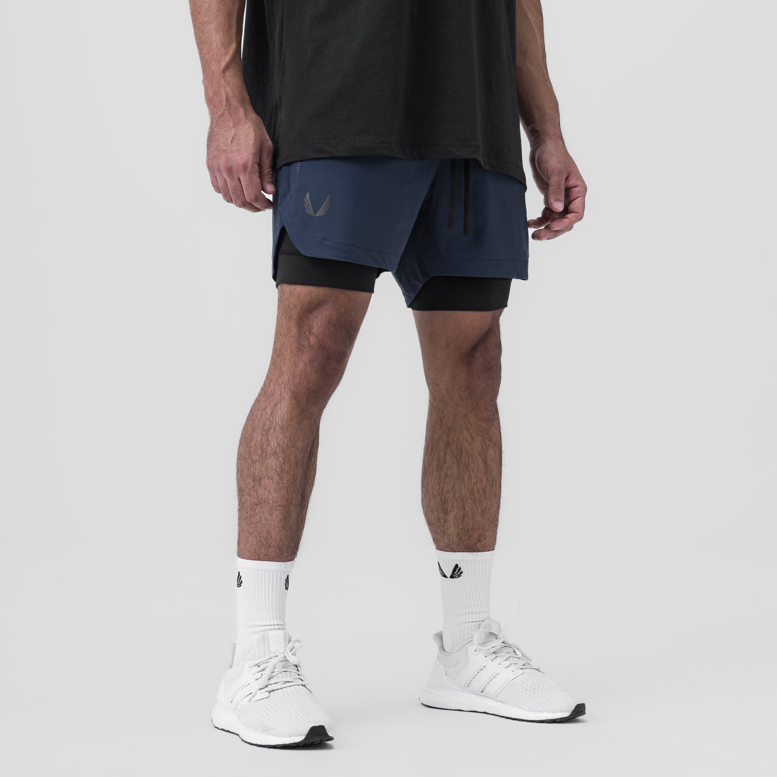 Tetra-Lite 5" Liner Short in Navy and Black, worn by model, front view